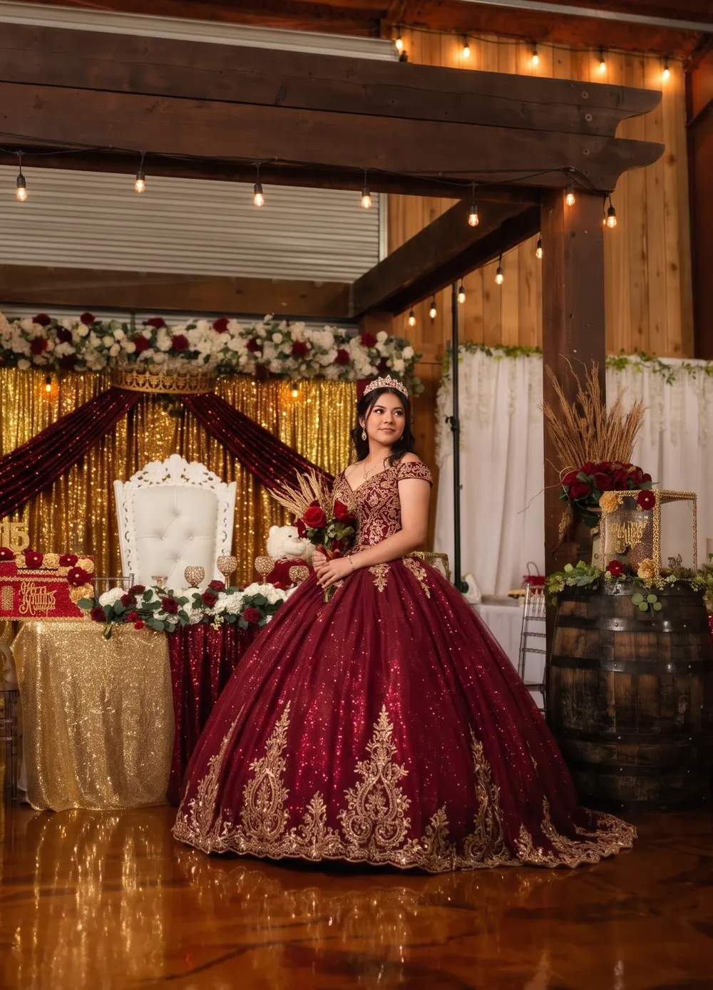 Quinceañera in a burgundy and gold gown before the gold backdrop at El Gran Caporal