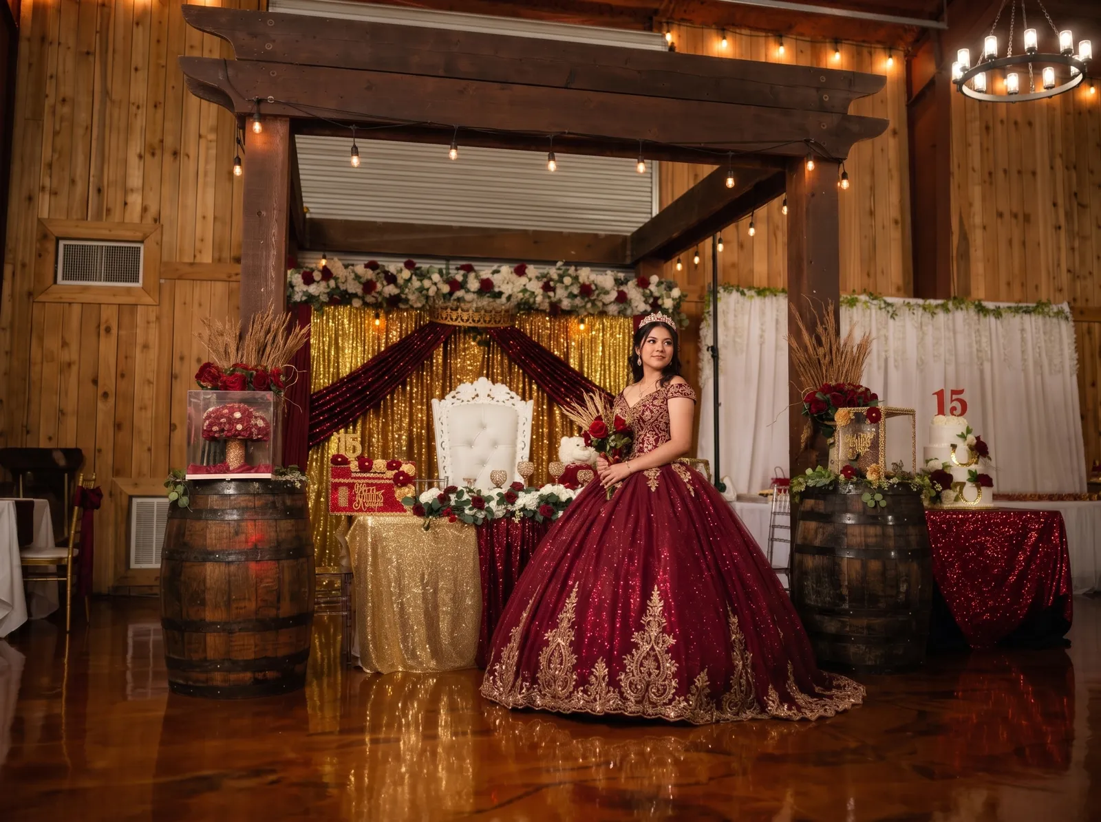 Quinceañera in a burgundy gown before the gold throne backdrop at El Gran Caporal