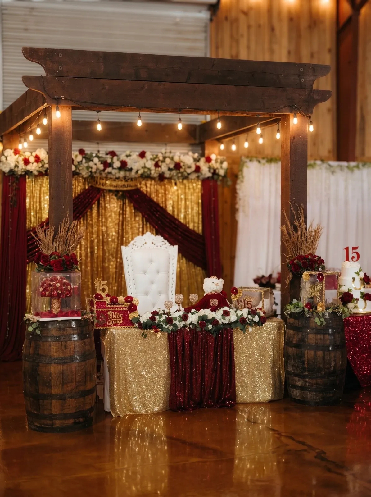 Throne with gold backdrop and barrels at El Gran Caporal