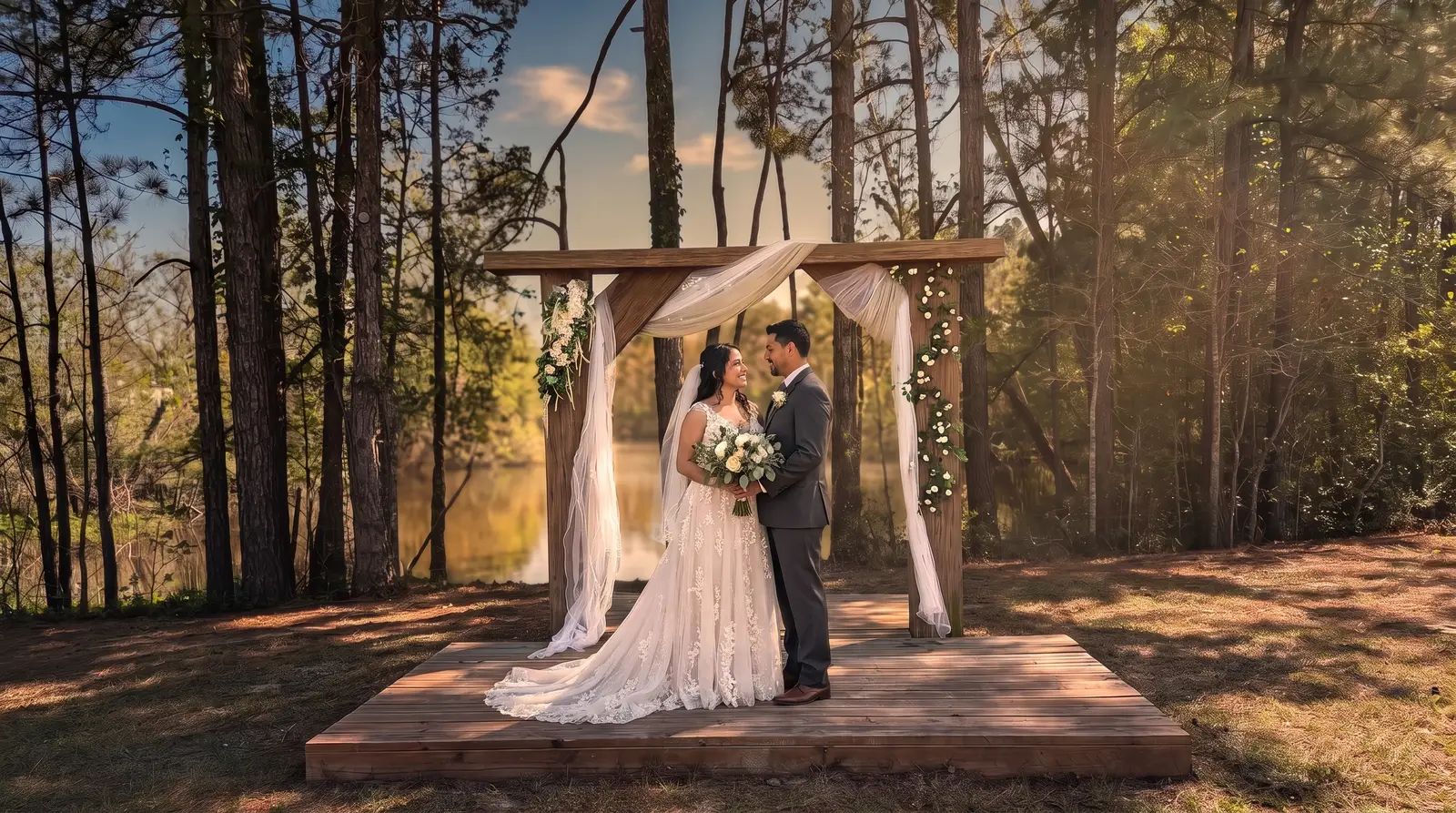 Couple under the ceremony arch at Jardín del Rancho